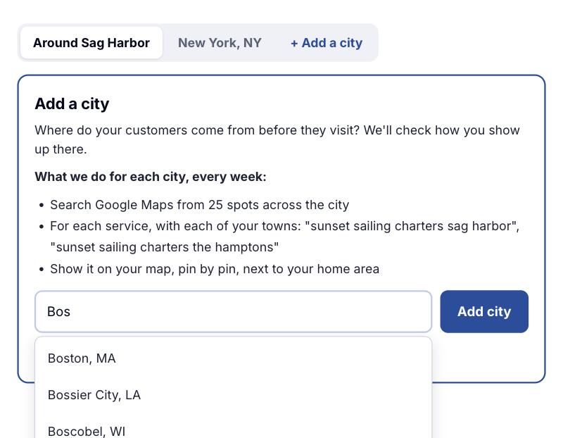The Add a city box in the GetTerritorial dashboard: typing Bos shows Boston, MA, Bossier City, LA and more to pick from, next to Sailacat's existing New York city.