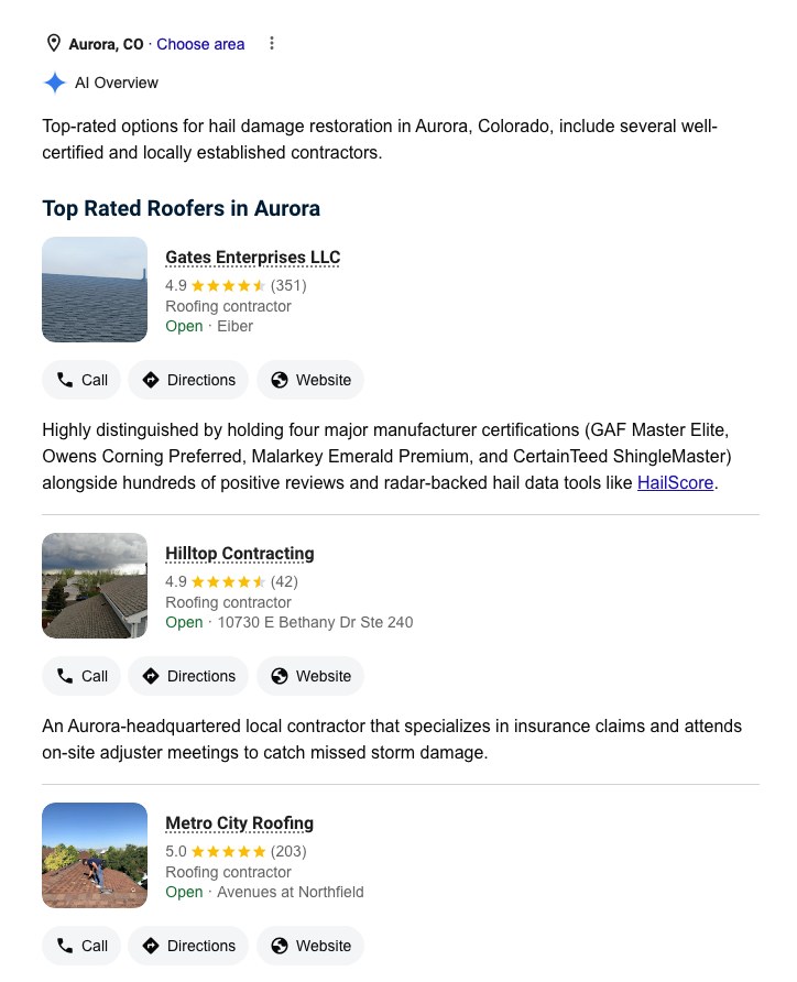 Real Google AI Overview for the best roofer in Aurora: it recommends three roofers with their Google Business Profile cards.