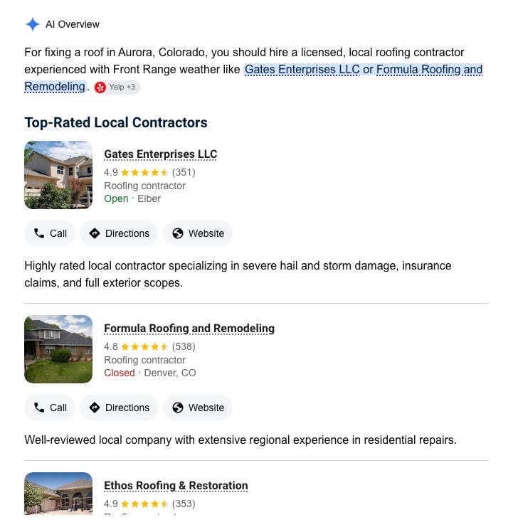 Real AI Overview for who should I hire to fix my roof in Aurora, naming Gates Enterprises, Formula Roofing and Ethos Roofing.
