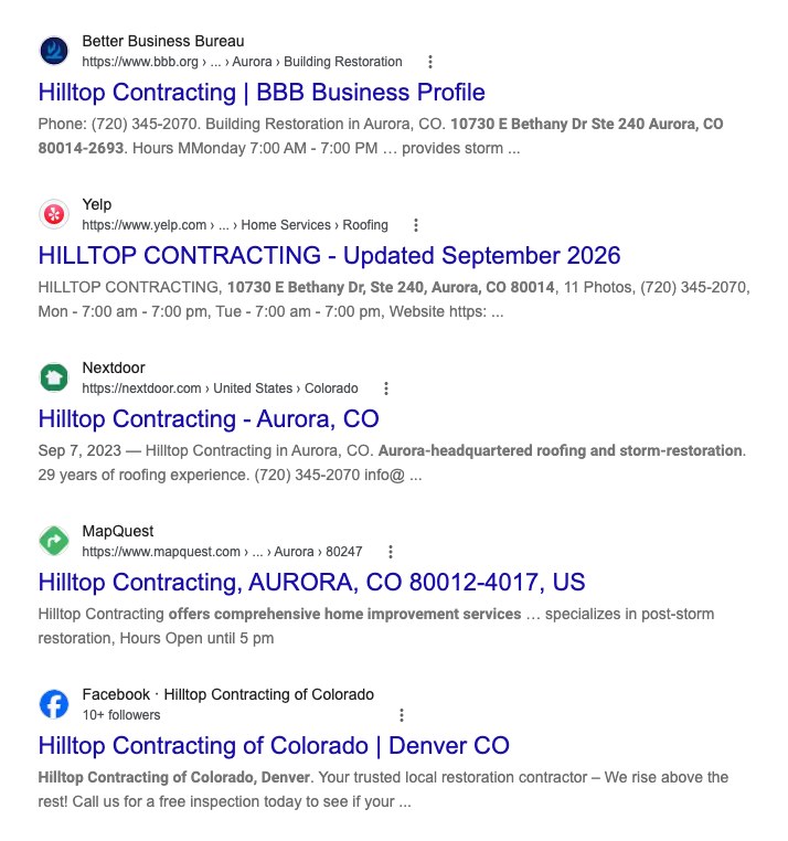 Real Google results for Hilltop Contracting: its BBB profile, Yelp page, Nextdoor page, MapQuest listing and Facebook page, each repeating the same address and phone number.