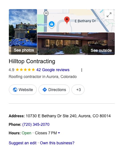 A real Google Business Profile panel in search results for Hilltop Contracting: photos, rating, category, address, phone and hours.