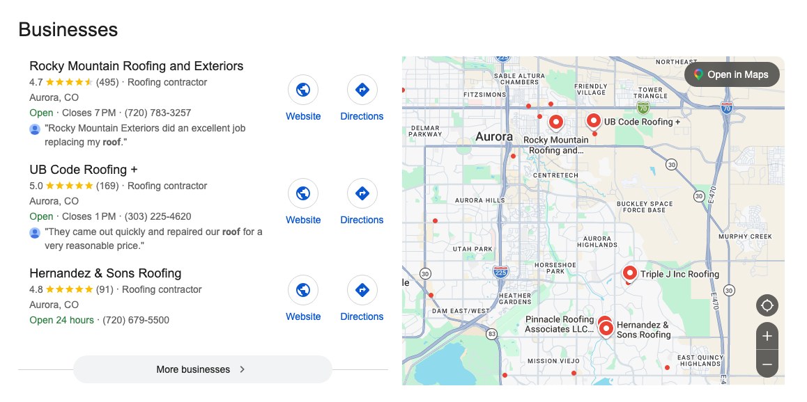 Real Google map pack for roofer near me in Aurora, showing three businesses and their map pins.