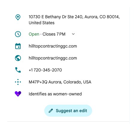 A real Google Business Profile showing the Suggest an edit button under the address, hours, website and phone.